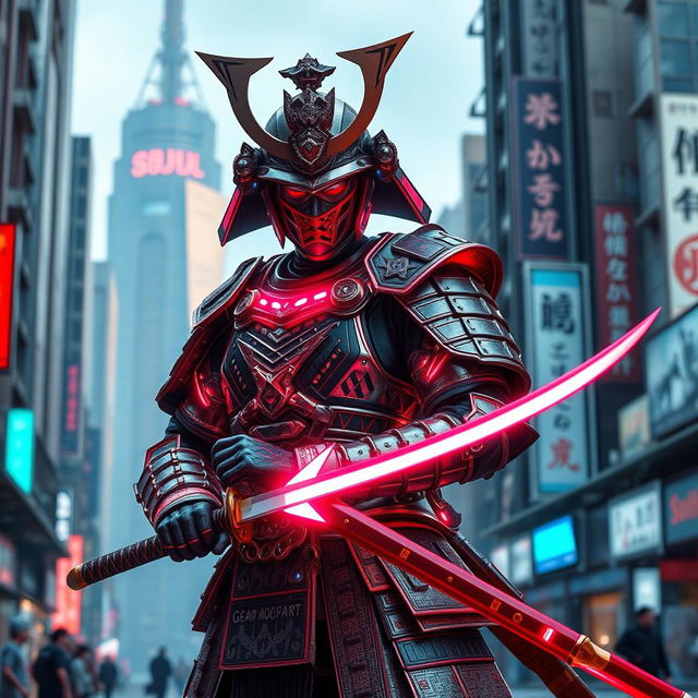 A retrofuturistic samurai, adorned in a fusion of traditional samurai armor and sleek, futuristic design elements