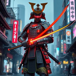 A retrofuturistic samurai, adorned in a fusion of traditional samurai armor and sleek, futuristic design elements