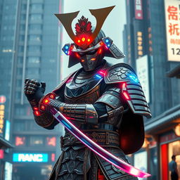 A retrofuturistic samurai, adorned in a fusion of traditional samurai armor and sleek, futuristic design elements