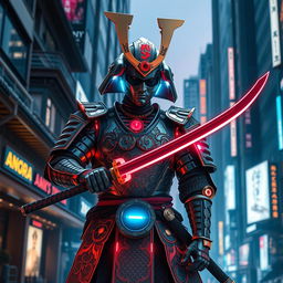 A retrofuturistic samurai, adorned in a fusion of traditional samurai armor and sleek, futuristic design elements