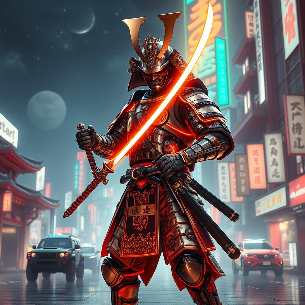 A retrofuturistic samurai, dressed in a striking blend of traditional samurai armor and futuristic technology