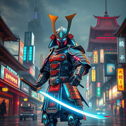 A retrofuturistic samurai, dressed in a striking blend of traditional samurai armor and futuristic technology