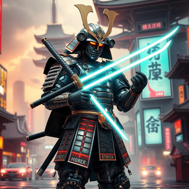 A retrofuturistic samurai, dressed in a striking blend of traditional samurai armor and futuristic technology