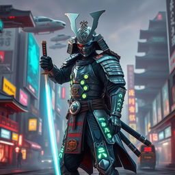 A retrofuturistic samurai, dressed in a striking blend of traditional samurai armor and futuristic technology