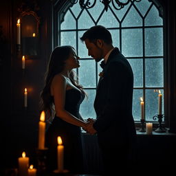 A dark romance scene set in a moody, candlelit room