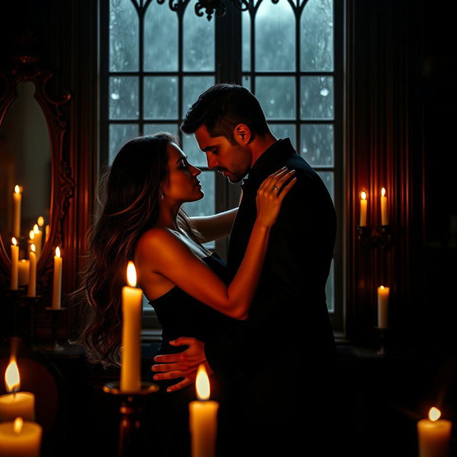 A dark romance scene set in a moody, candlelit room