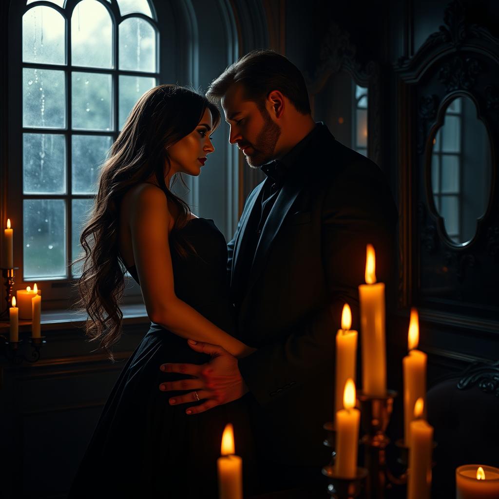 A dark romance scene set in a moody, candlelit room