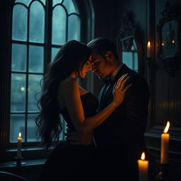 A dark romance scene set in a moody, candlelit room