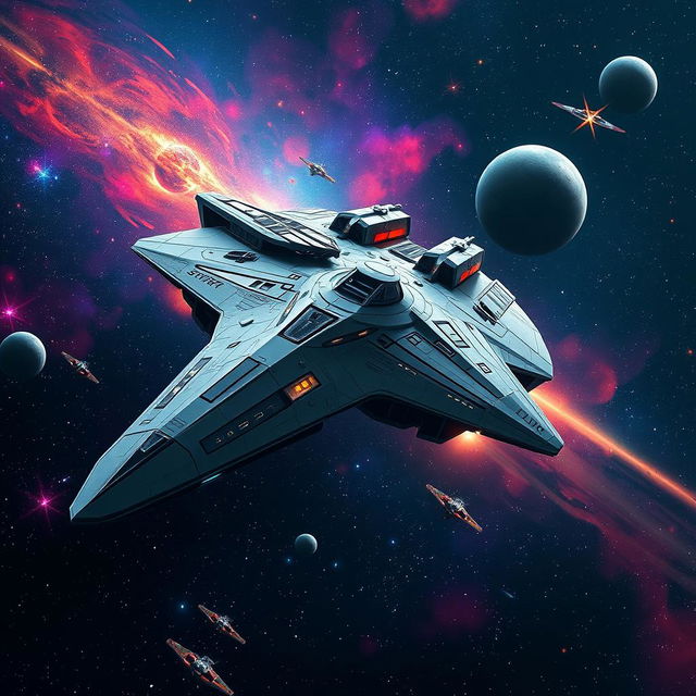 A sleek, futuristic spaceship reminiscent of the Star Wars universe, featuring a unique design with sharp angles and streamlined body