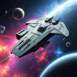 A sleek, futuristic spaceship reminiscent of the Star Wars universe, featuring a unique design with sharp angles and streamlined body