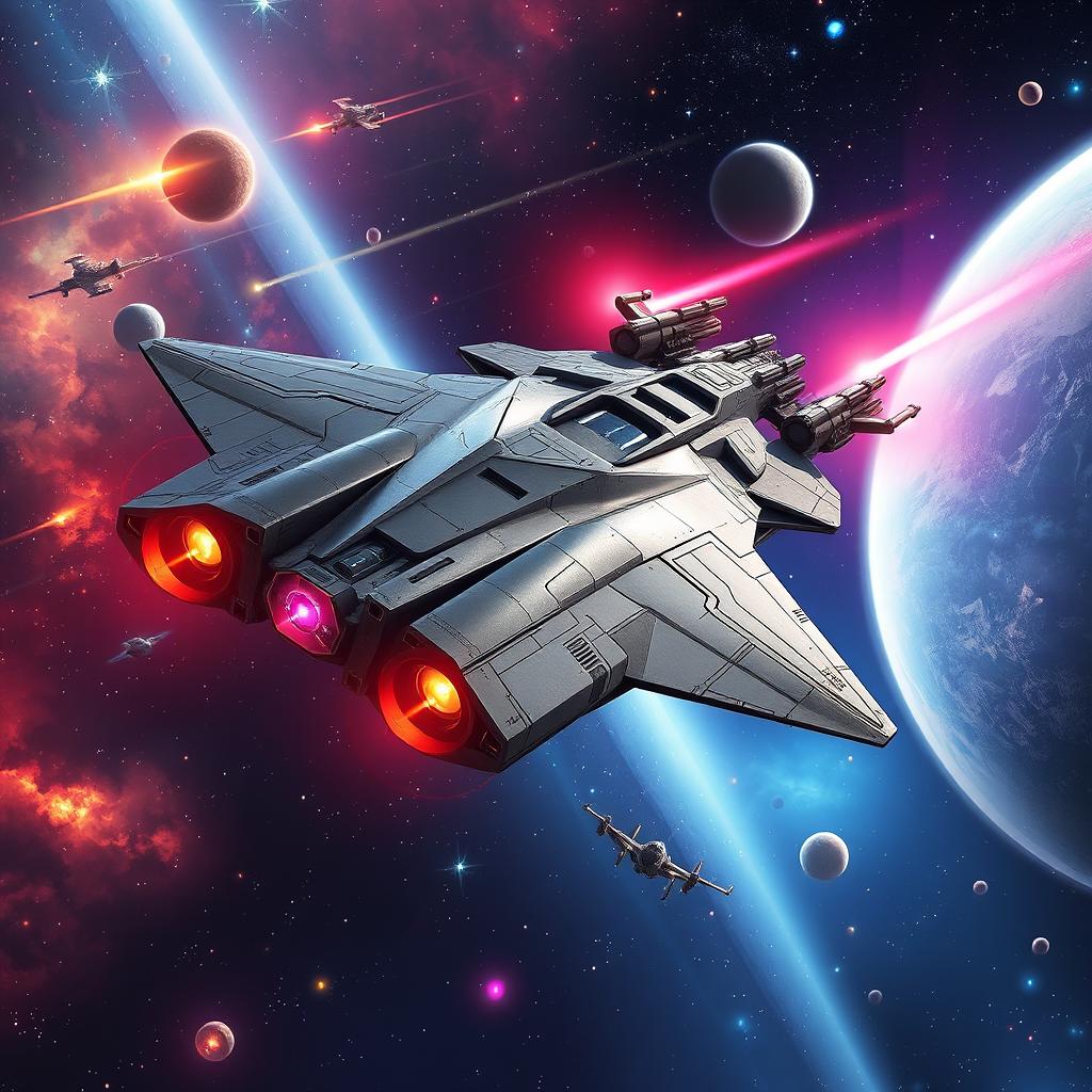 A sleek, futuristic spaceship reminiscent of the Star Wars universe, featuring a unique design with sharp angles and streamlined body