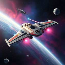 A magnificent spaceship inspired by the Star Wars universe, featuring a sleek and imposing design with a dramatic silhouette