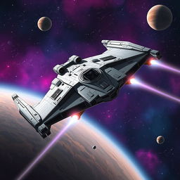 A magnificent spaceship inspired by the Star Wars universe, featuring a sleek and imposing design with a dramatic silhouette