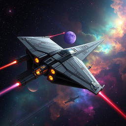An impressive spaceship inspired by the Star Wars universe, featuring a robust and angular design with exaggerated wings and a sleek hull
