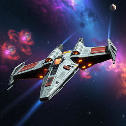 An impressive spaceship inspired by the Star Wars universe, featuring a robust and angular design with exaggerated wings and a sleek hull