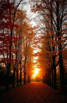 Tall autumn trees with vibrant hues of orange, yellow, brown, and reddish shades, creating a scene filled with warmth and melancholy