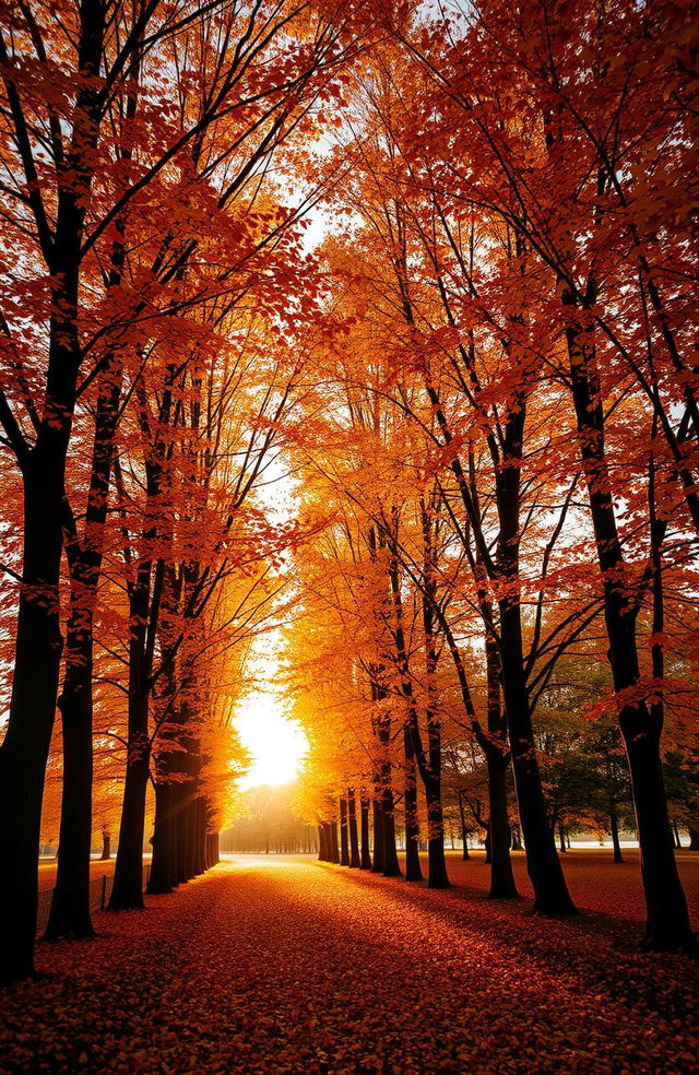 Tall autumn trees with vibrant hues of orange, yellow, brown, and reddish shades, creating a scene filled with warmth and melancholy