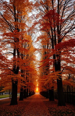 Tall autumn trees with vibrant hues of orange, yellow, brown, and reddish shades, creating a scene filled with warmth and melancholy