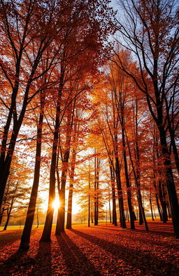 Tall autumn trees with vibrant hues of orange, yellow, brown, and reddish shades, creating a scene filled with warmth and melancholy