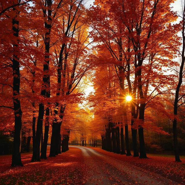 Tall autumn trees with vibrant hues of orange, yellow, brown, and reddish shades, creating a scene filled with warmth and melancholy