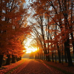 Tall autumn trees with vibrant hues of orange, yellow, brown, and reddish shades, creating a scene filled with warmth and melancholy