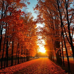 Tall autumn trees with vibrant hues of orange, yellow, brown, and reddish shades, creating a scene filled with warmth and melancholy