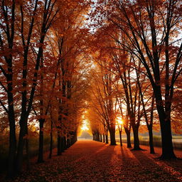 Tall autumn trees with vibrant hues of orange, yellow, brown, and reddish shades, creating a scene filled with warmth and melancholy