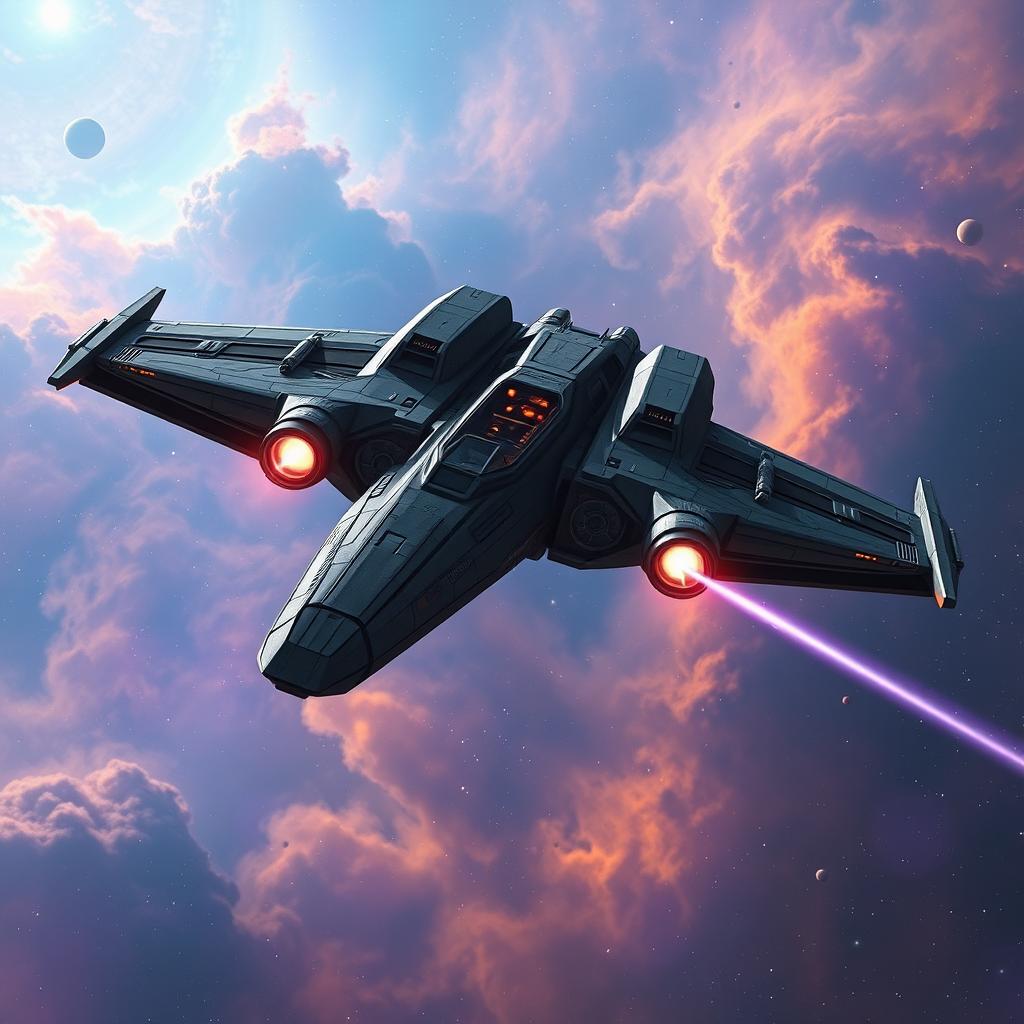 A futuristic spaceship reminiscent of the Star Wars universe, characterized by its sleek lines and broad wings