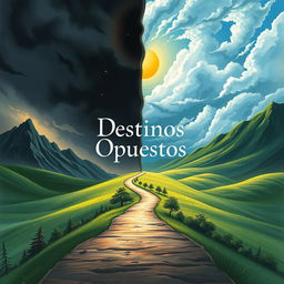 A book cover illustration for a novel titled 'Destinos Opuestos'