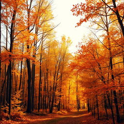 An autumn landscape featuring tall trees adorned with vibrant shades of orange, yellow, brown, and reddish hues, creating an atmosphere of warmth and melancholy