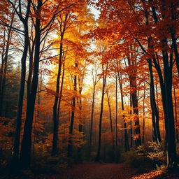 An autumn landscape featuring tall trees adorned with vibrant shades of orange, yellow, brown, and reddish hues, creating an atmosphere of warmth and melancholy