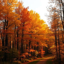 An autumn landscape featuring tall trees adorned with vibrant shades of orange, yellow, brown, and reddish hues, creating an atmosphere of warmth and melancholy