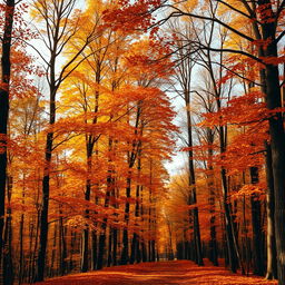 An autumn landscape featuring tall trees adorned with vibrant shades of orange, yellow, brown, and reddish hues, creating an atmosphere of warmth and melancholy