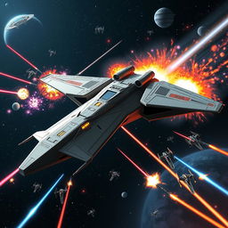 An imaginative spaceship inspired by the Star Wars saga, boasting a distinctive, angular design with sweeping wings and a sleek, elongated fuselage