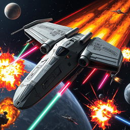 An imaginative spaceship inspired by the Star Wars saga, boasting a distinctive, angular design with sweeping wings and a sleek, elongated fuselage