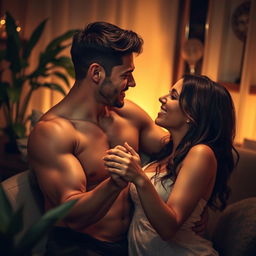 A steamy and romantic scene featuring two attractive adults in a cozy, intimate setting