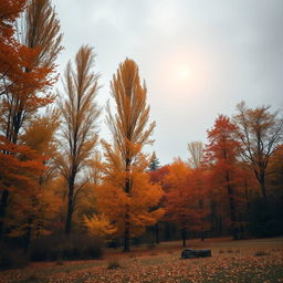 An autumn landscape featuring tall trees showcasing vibrant colors of orange, yellow, brown, and reddish hues, evoking a sense of warmth and melancholy