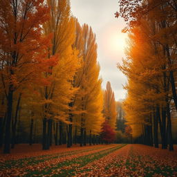 An autumn landscape featuring tall trees showcasing vibrant colors of orange, yellow, brown, and reddish hues, evoking a sense of warmth and melancholy