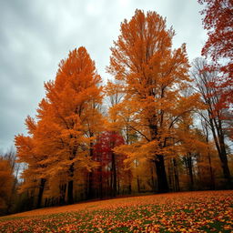 An autumn landscape featuring tall trees showcasing vibrant colors of orange, yellow, brown, and reddish hues, evoking a sense of warmth and melancholy