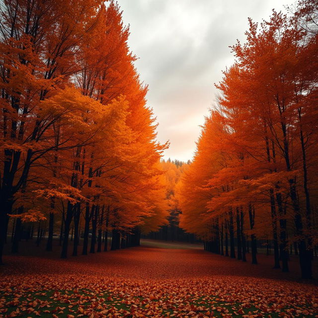 An autumn landscape featuring tall trees showcasing vibrant colors of orange, yellow, brown, and reddish hues, evoking a sense of warmth and melancholy