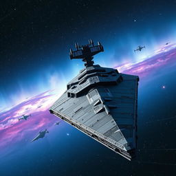 A massive and imposing Star Destroyer, showcasing its iconic triangular shape and intricate details