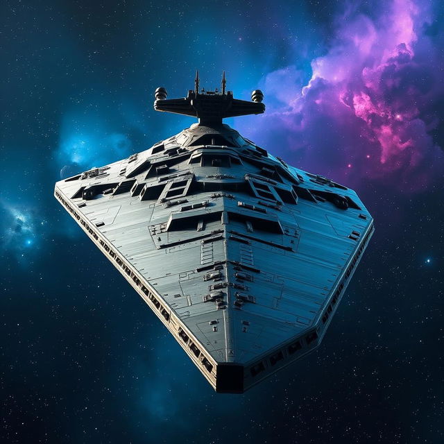 A massive and imposing Star Destroyer, showcasing its iconic triangular shape and intricate details