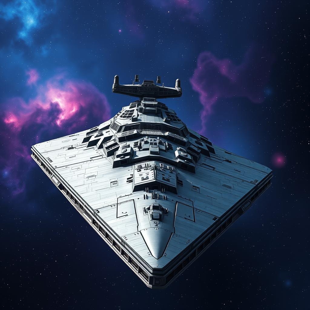 A massive and imposing Star Destroyer, showcasing its iconic triangular shape and intricate details