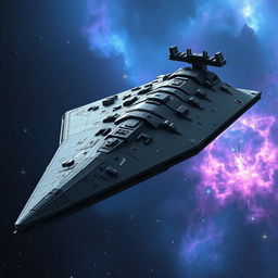 A massive and imposing Star Destroyer, showcasing its iconic triangular shape and intricate details
