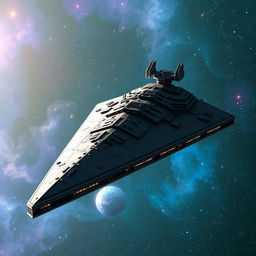 A colossal Star Destroyer gliding majestically through the depths of space, showcasing its iconic triangular silhouette with intricate details