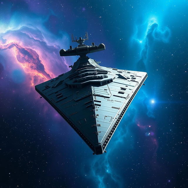 A colossal Star Destroyer gliding majestically through the depths of space, showcasing its iconic triangular silhouette with intricate details