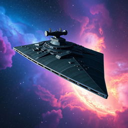 A colossal Star Destroyer gliding majestically through the depths of space, showcasing its iconic triangular silhouette with intricate details