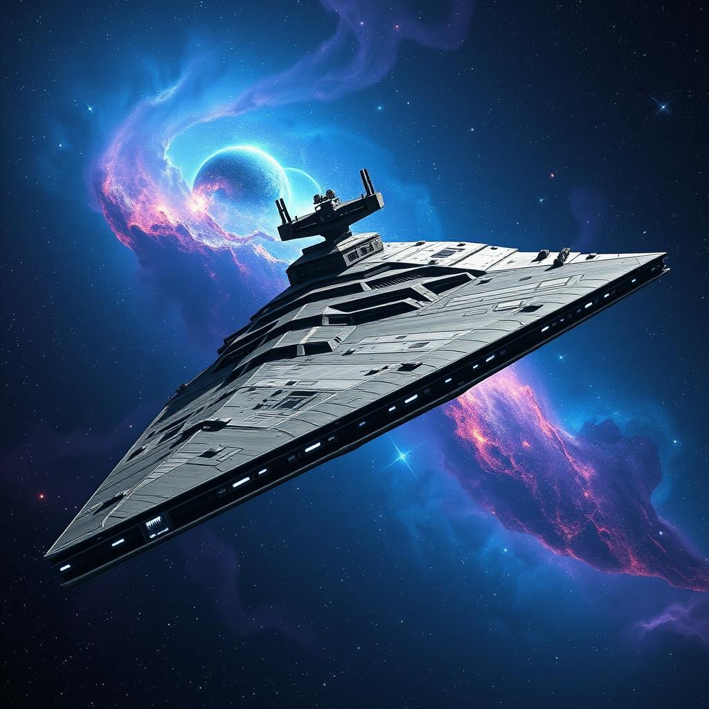 A colossal Star Destroyer gliding majestically through the depths of space, showcasing its iconic triangular silhouette with intricate details