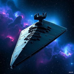 An awe-inspiring Star Destroyer dominating the vastness of space, with its iconic angular silhouette and immense size captured in stunning detail