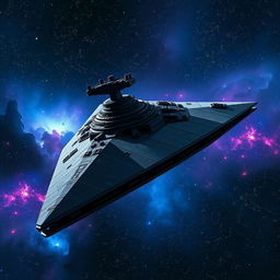 An awe-inspiring Star Destroyer dominating the vastness of space, with its iconic angular silhouette and immense size captured in stunning detail